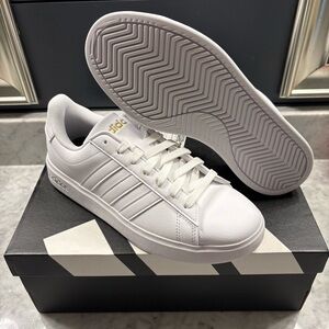 Adidas Grand Court 2.0 All White & Gold Shoe Sneaker Trainers Women Size 9
